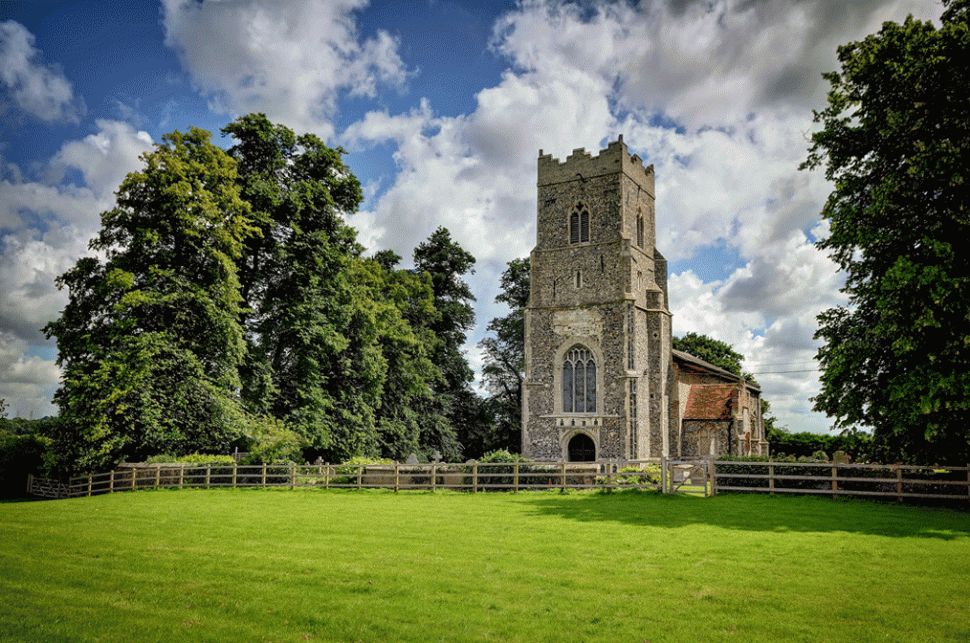 Exterior of the church in sunshine